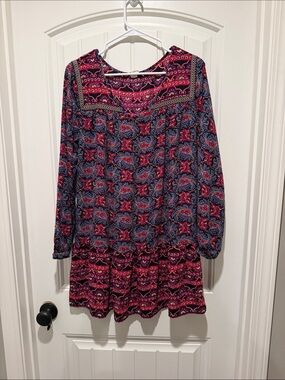 one clothing Magenta and Blue Boho Long Sleeve Mini Dress